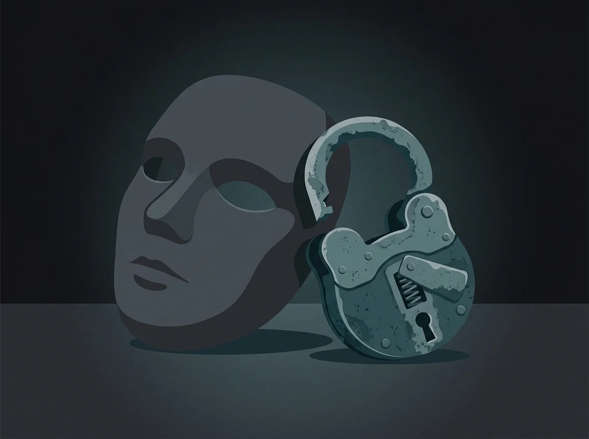 Maske og brudt lås der illustrerer myten om anonymitet som sikkerhed