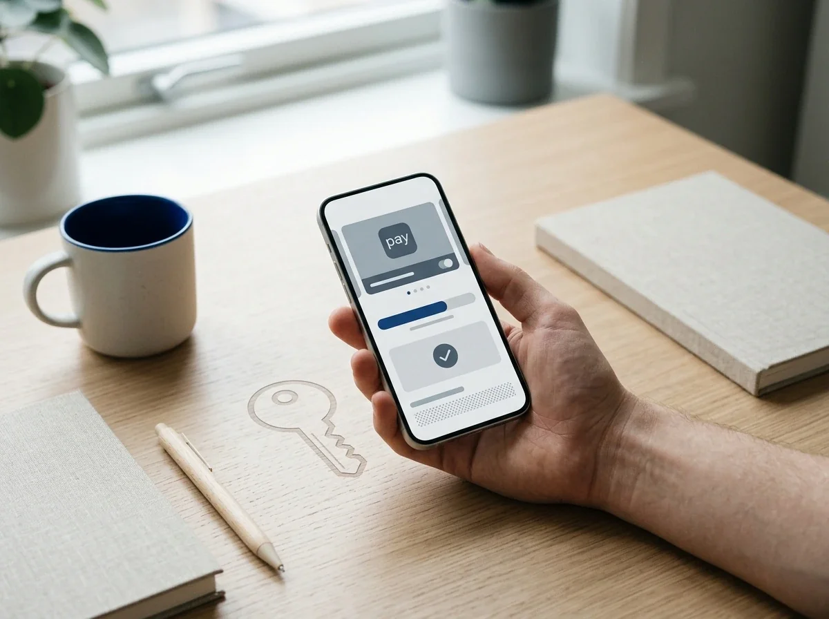 Smartphone med betalingsapps og MitID-symbol, der illustrerer adgang og betaling uden MitID