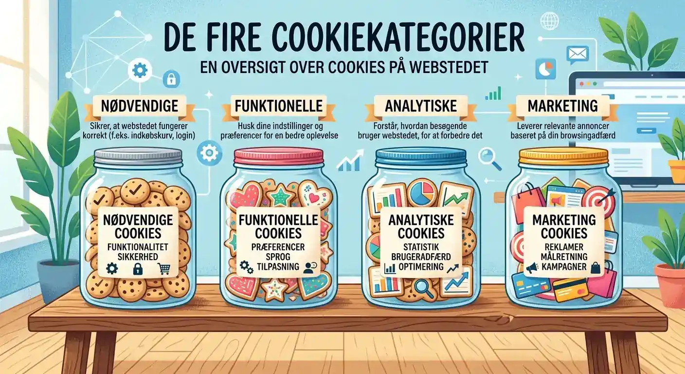 Illustration af de fire cookiekategorier nødvendige funktionelle analytiske og marketing