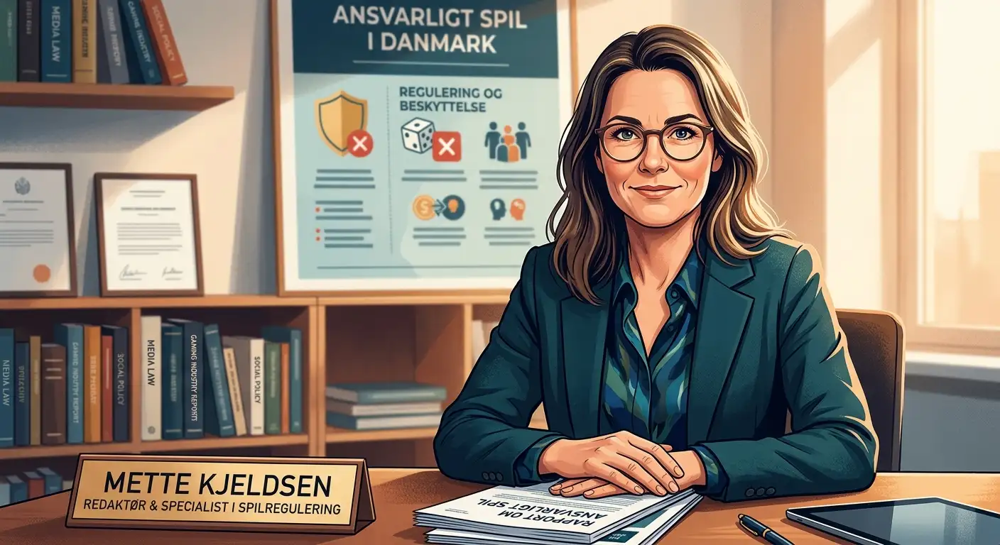 Portrætillustration af redaktør Mette Kjeldsen, specialist i spilregulering og ansvarligt spil