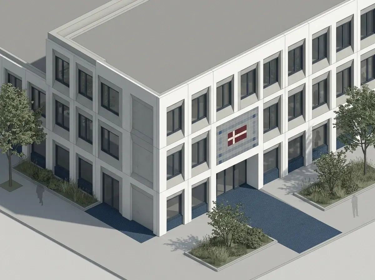 Nøgtern illustration af en offentlig myndighedsbygning der symboliserer Spillemyndigheden i Odense